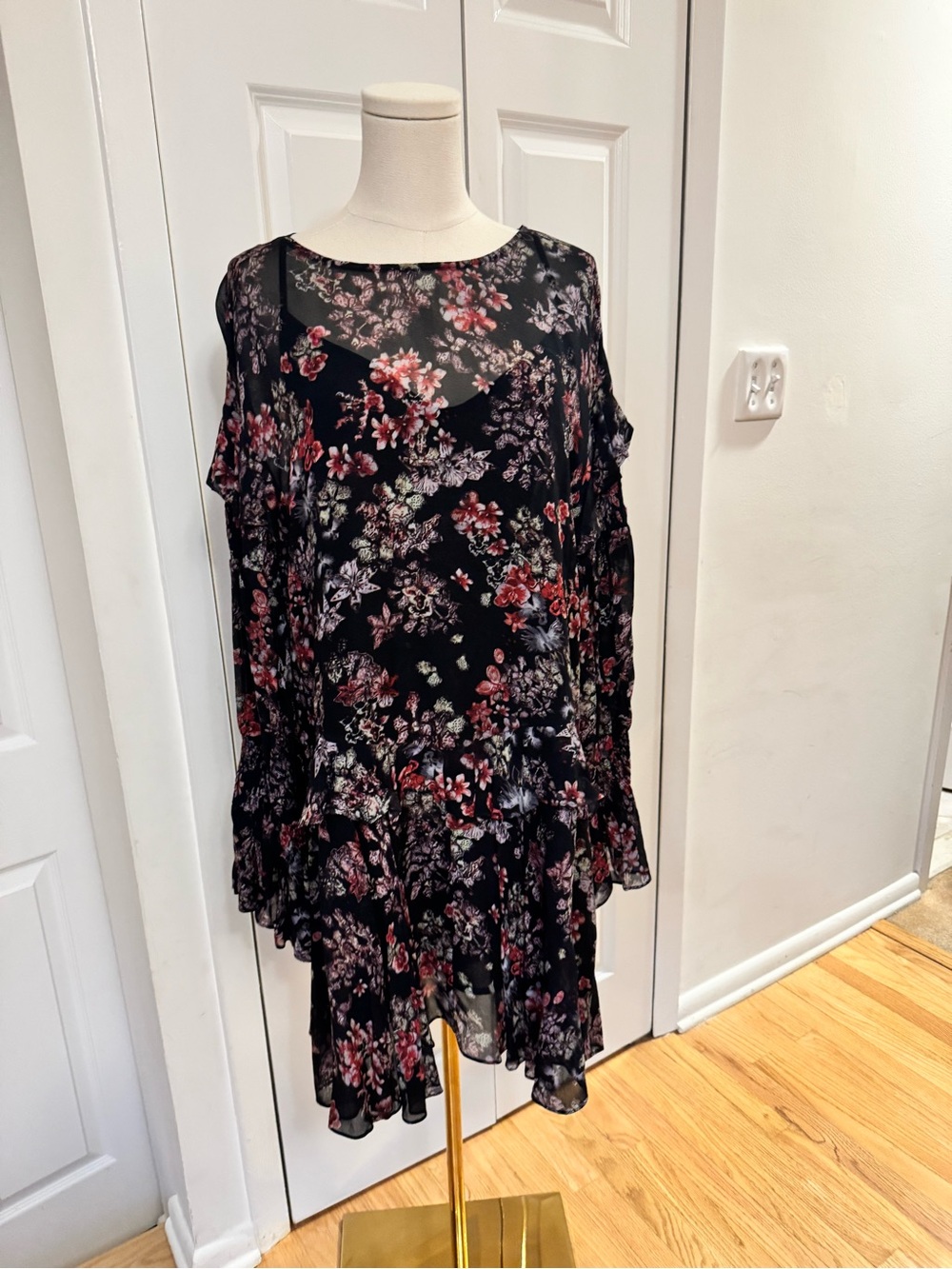 IRO Black Floral Ruffle Mini Dress Size 10